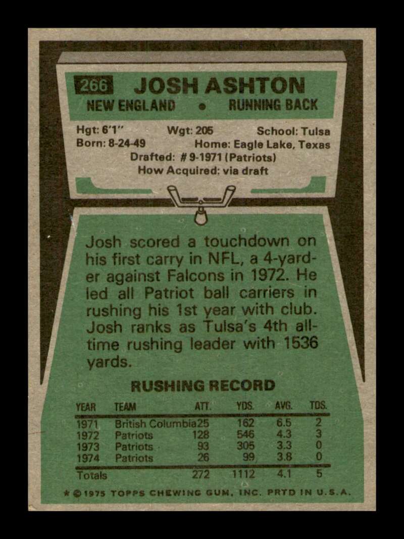 Load image into Gallery viewer, 1975 Topps Josh Ashton #266 New England Patriots Image 2
