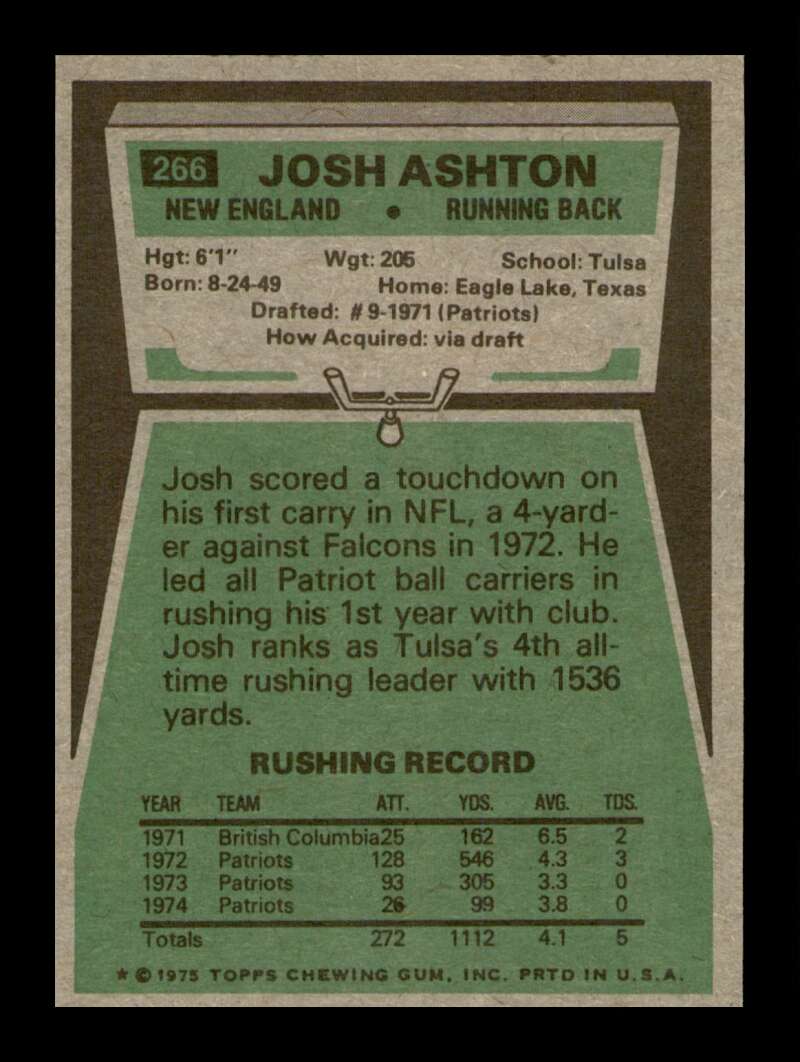 Load image into Gallery viewer, 1975 Topps Josh Ashton #266 New England Patriots Image 2
