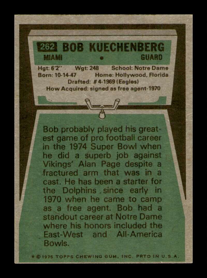 Load image into Gallery viewer, 1975 Topps Bob Kuechenberg #262 Miami Dolphins Image 2
