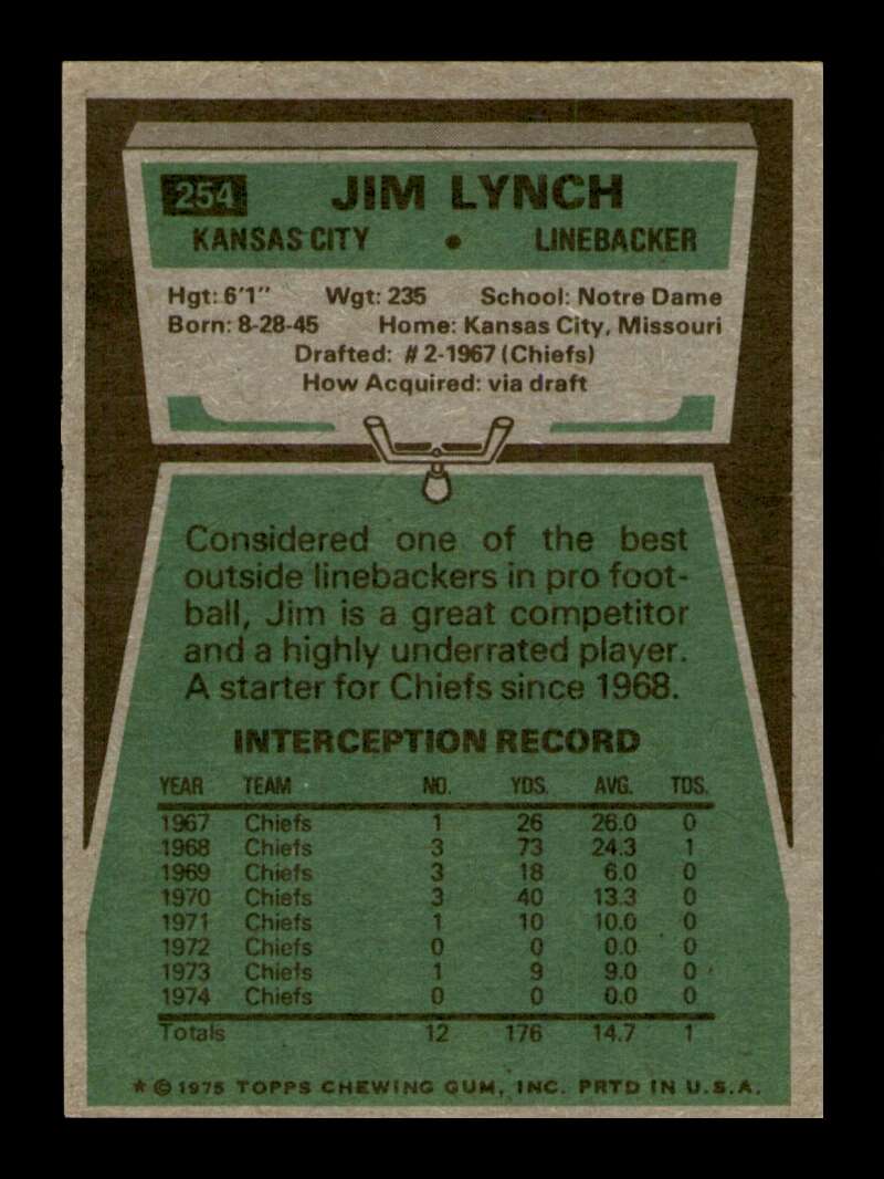 Load image into Gallery viewer, 1975 Topps Jim Lynch #254 Kansas City Chiefs Image 2
