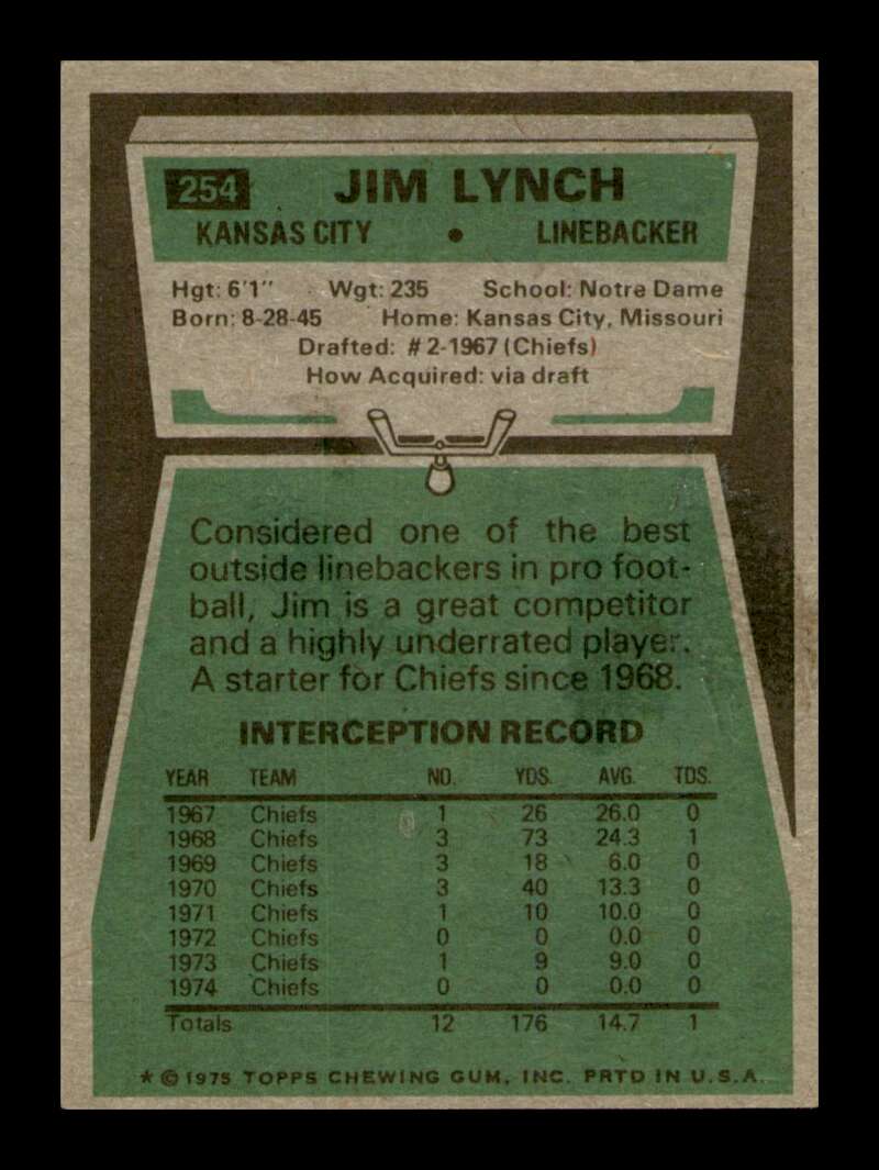 Load image into Gallery viewer, 1975 Topps Jim Lynch #254 Kansas City Chiefs Image 2
