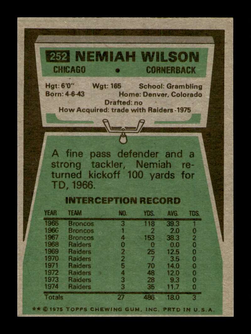 Load image into Gallery viewer, 1975 Topps Nemiah Wilson #252 Chicago Bears Image 2
