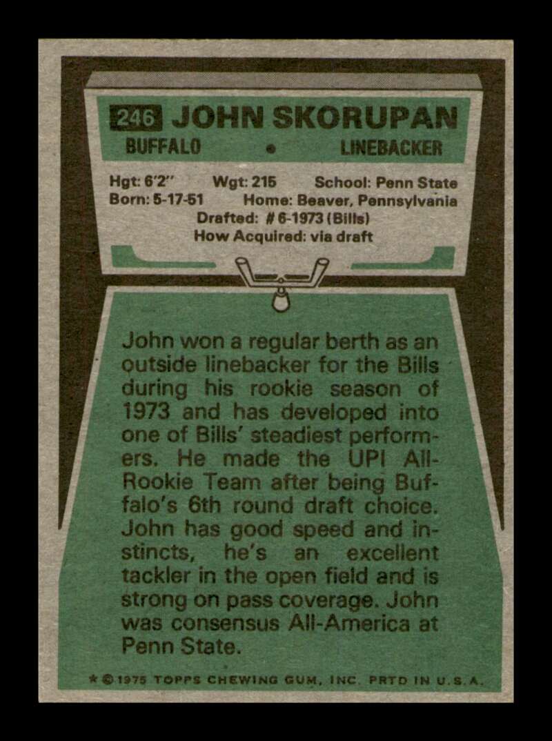 Load image into Gallery viewer, 1975 Topps John Skorupan #246 Buffalo Bills Image 2
