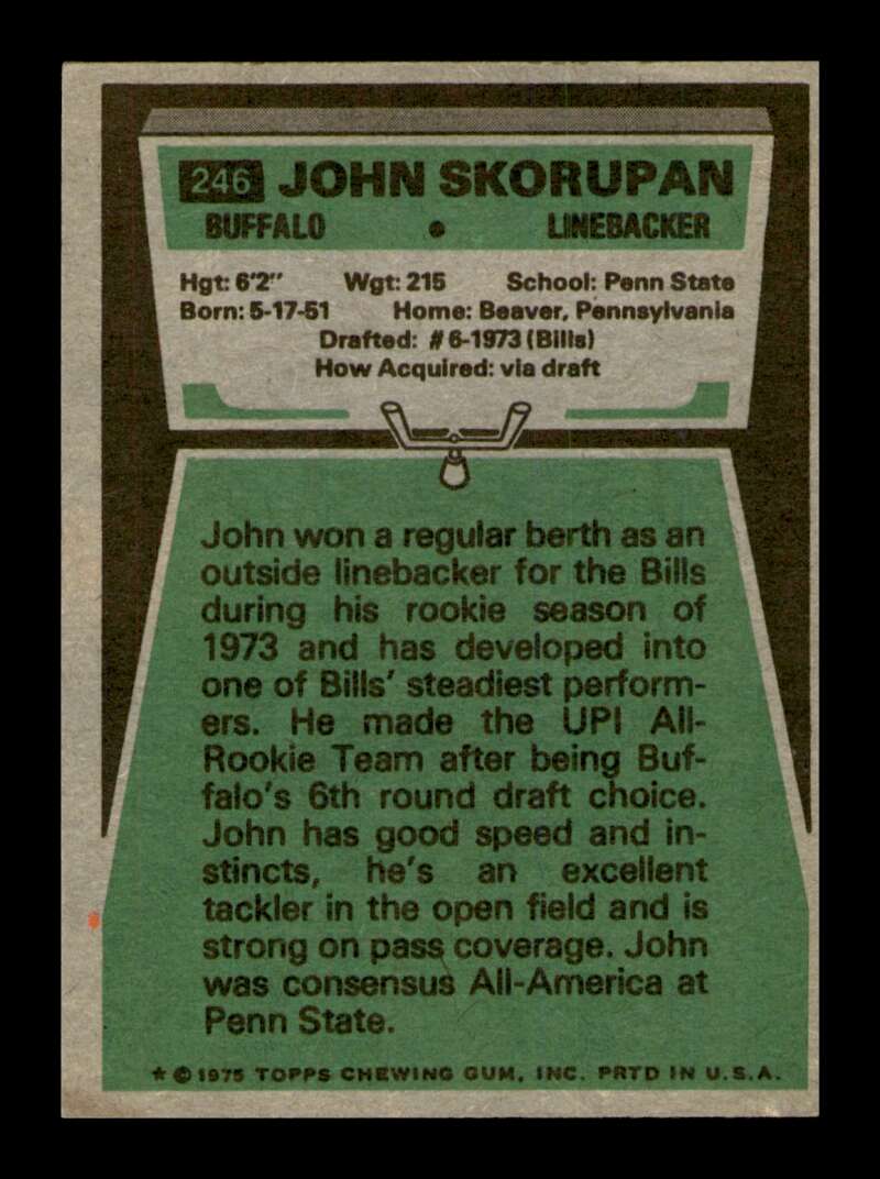 Load image into Gallery viewer, 1975 Topps John Skorupan #246 Buffalo Bills Image 2
