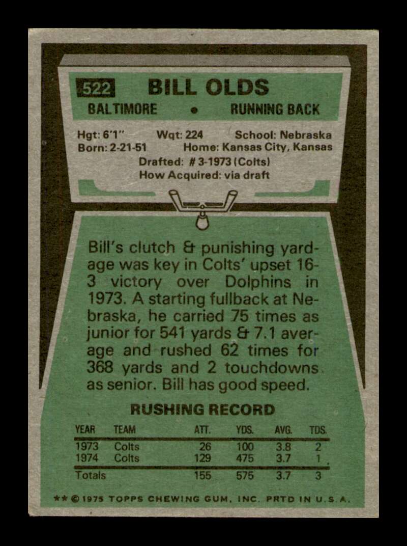 Load image into Gallery viewer, 1975 Topps Bill Olds #522 Rookie RC Baltimore Colts Image 2
