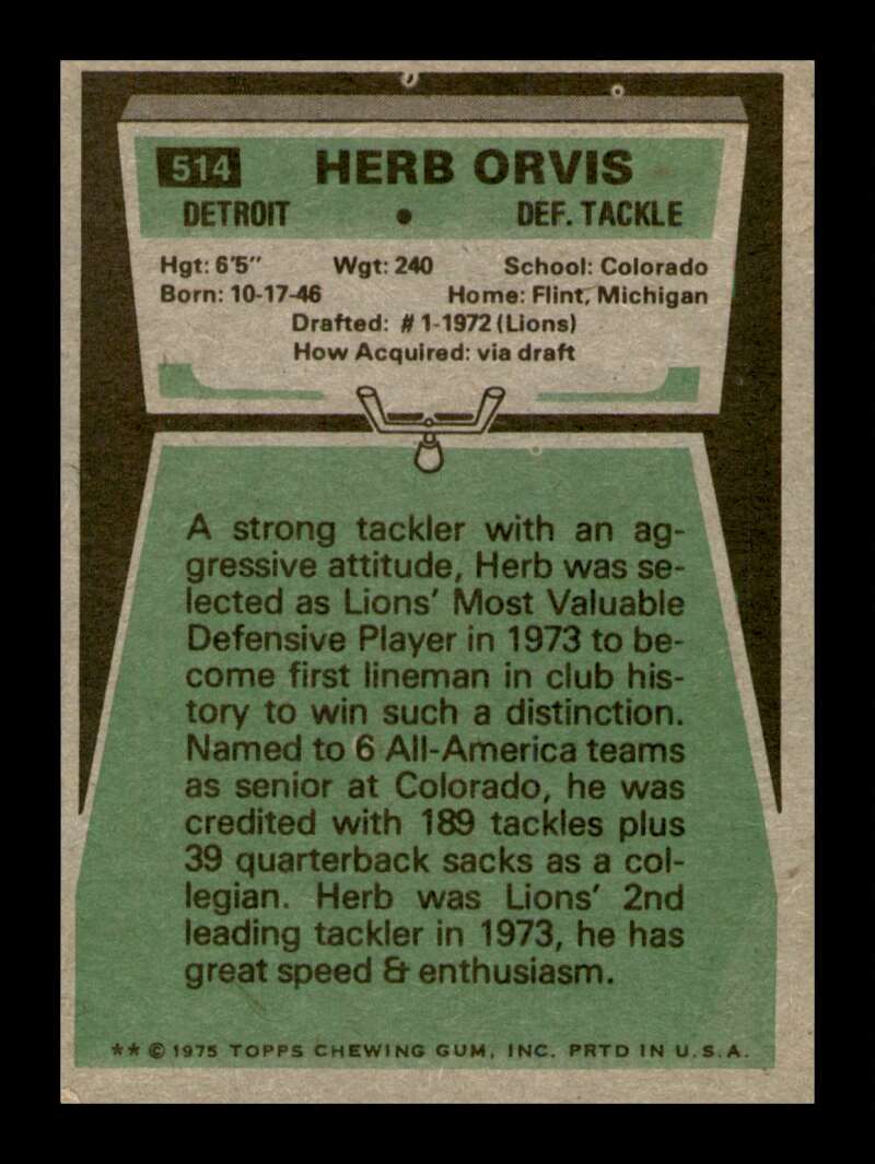 Load image into Gallery viewer, 1975 Topps Herb Orvis #514 Rookie RC Detroit Lions Image 2
