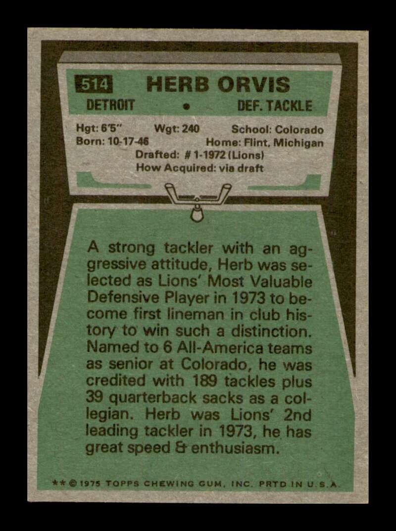 Load image into Gallery viewer, 1975 Topps Herb Orvis #514 Rookie RC Detroit Lions Image 2
