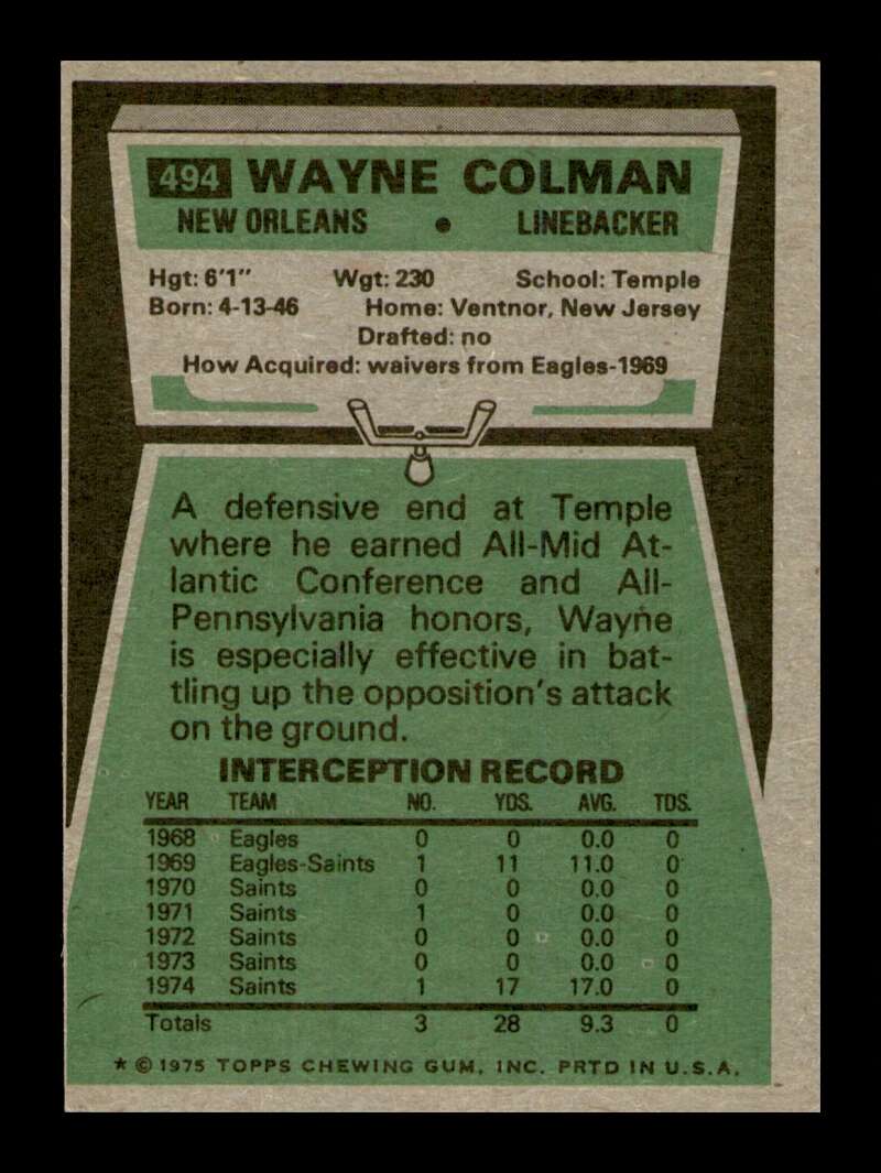 Load image into Gallery viewer, 1975 Topps Wayne Colman #494 New Orleans Saints Image 2
