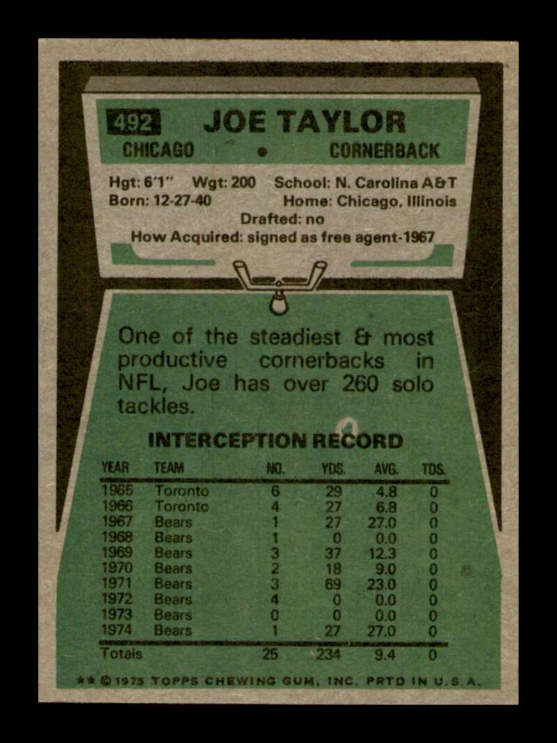 Load image into Gallery viewer, 1975 Topps Joe Taylor #492 Chicago Bears Image 2
