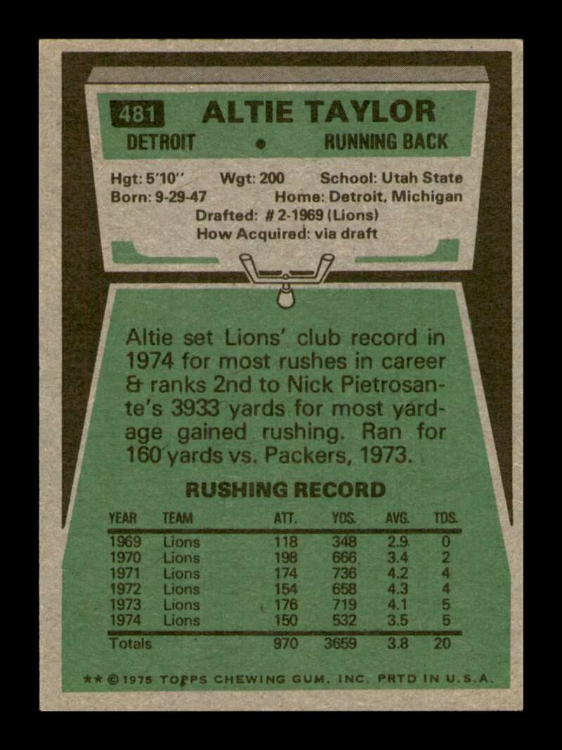 Load image into Gallery viewer, 1975 Topps Altie Taylor #481 Detroit Lions Image 2
