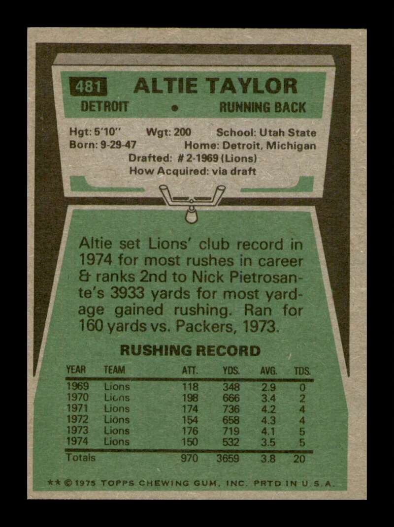 Load image into Gallery viewer, 1975 Topps Altie Taylor #481 Detroit Lions Image 2
