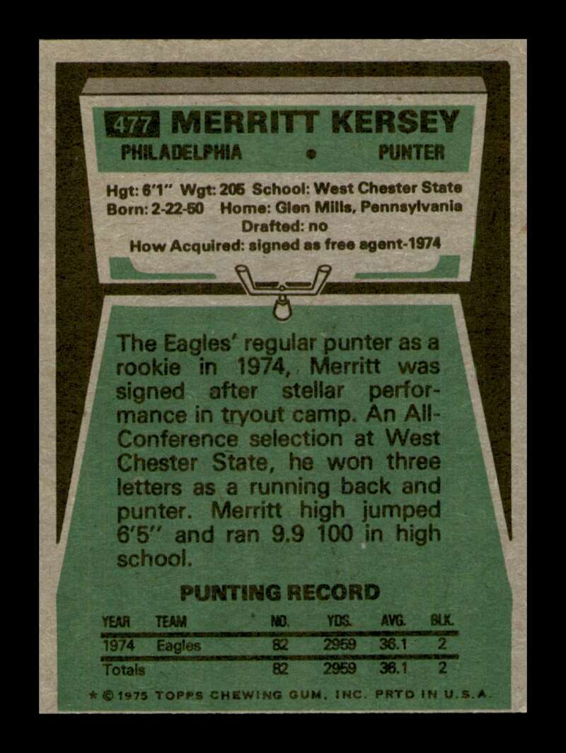 Load image into Gallery viewer, 1975 Topps Merritt Kersey #477 Rookie RC Philadelphia Eagles Image 2
