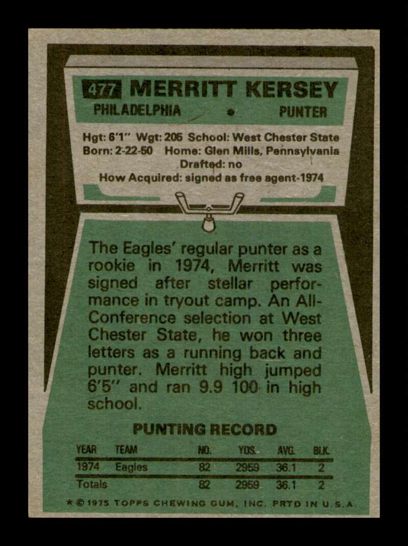 Load image into Gallery viewer, 1975 Topps Merritt Kersey #477 Rookie RC Philadelphia Eagles Image 2
