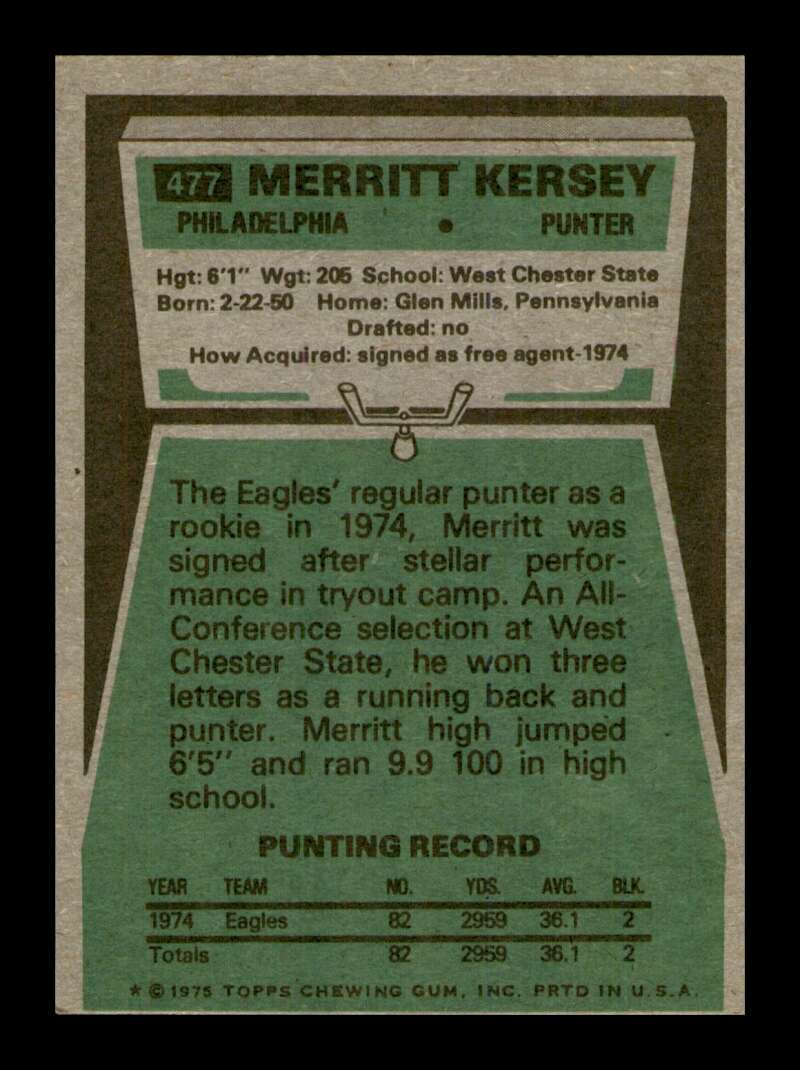 Load image into Gallery viewer, 1975 Topps Merritt Kersey #477 Rookie RC Philadelphia Eagles Image 2
