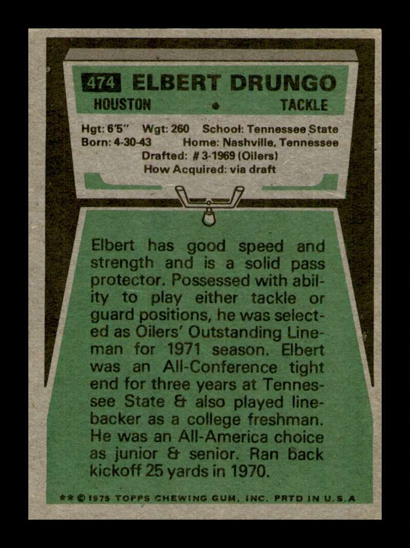 Load image into Gallery viewer, 1975 Topps Elbert Drungo #474 Houston Oilers Image 2
