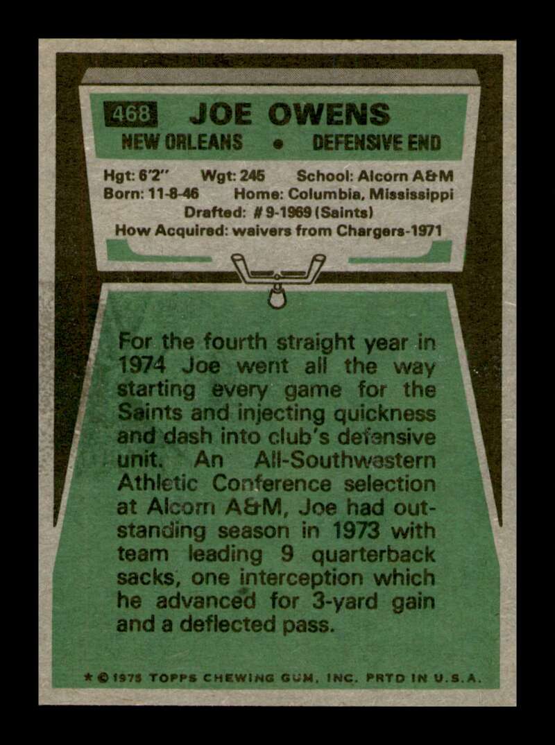 Load image into Gallery viewer, 1975 Topps Joe Owens #468 New Orleans Saints Image 2
