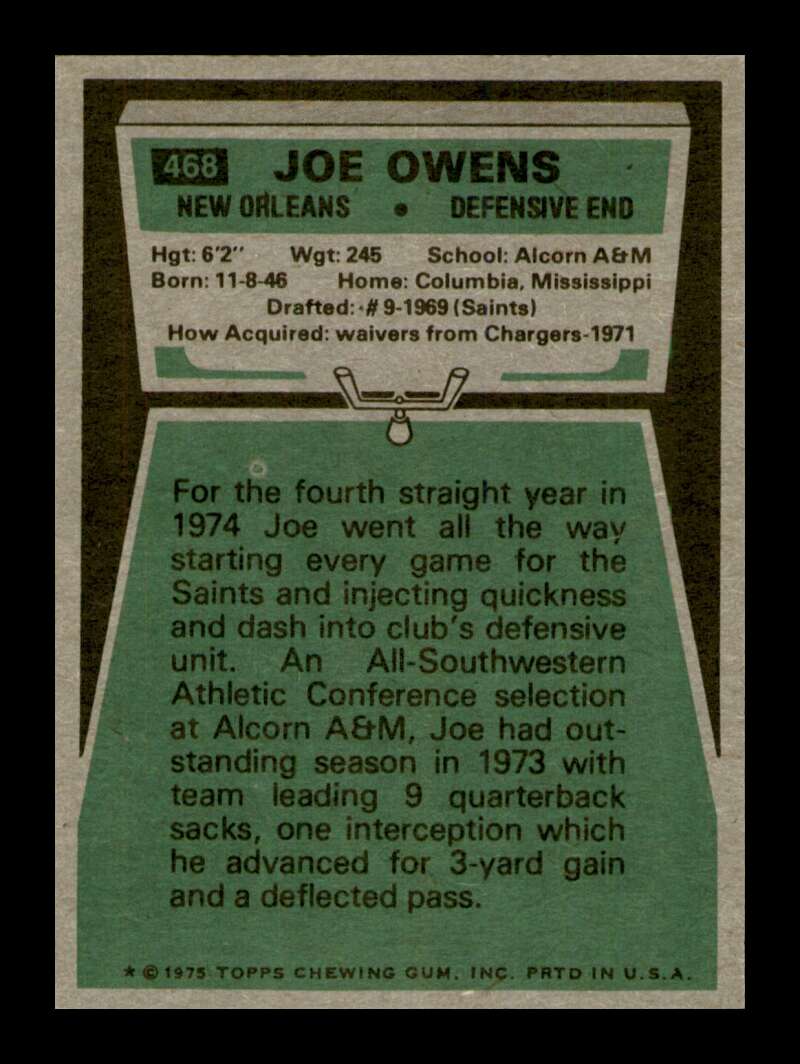 Load image into Gallery viewer, 1975 Topps Joe Owens #468 New Orleans Saints Image 2
