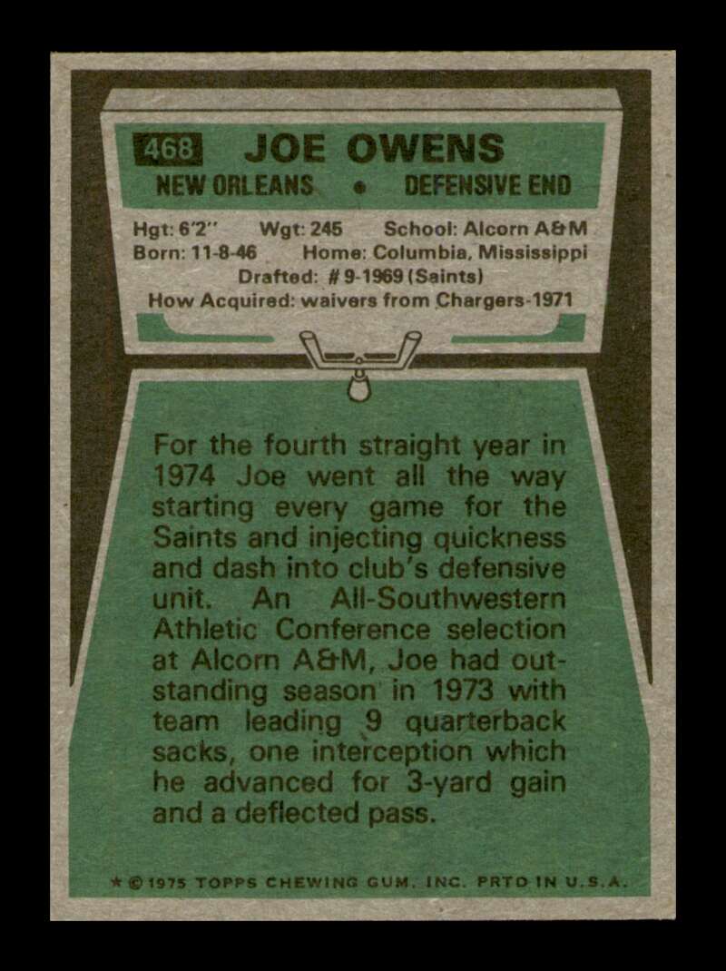 Load image into Gallery viewer, 1975 Topps Joe Owens #468 New Orleans Saints Image 2
