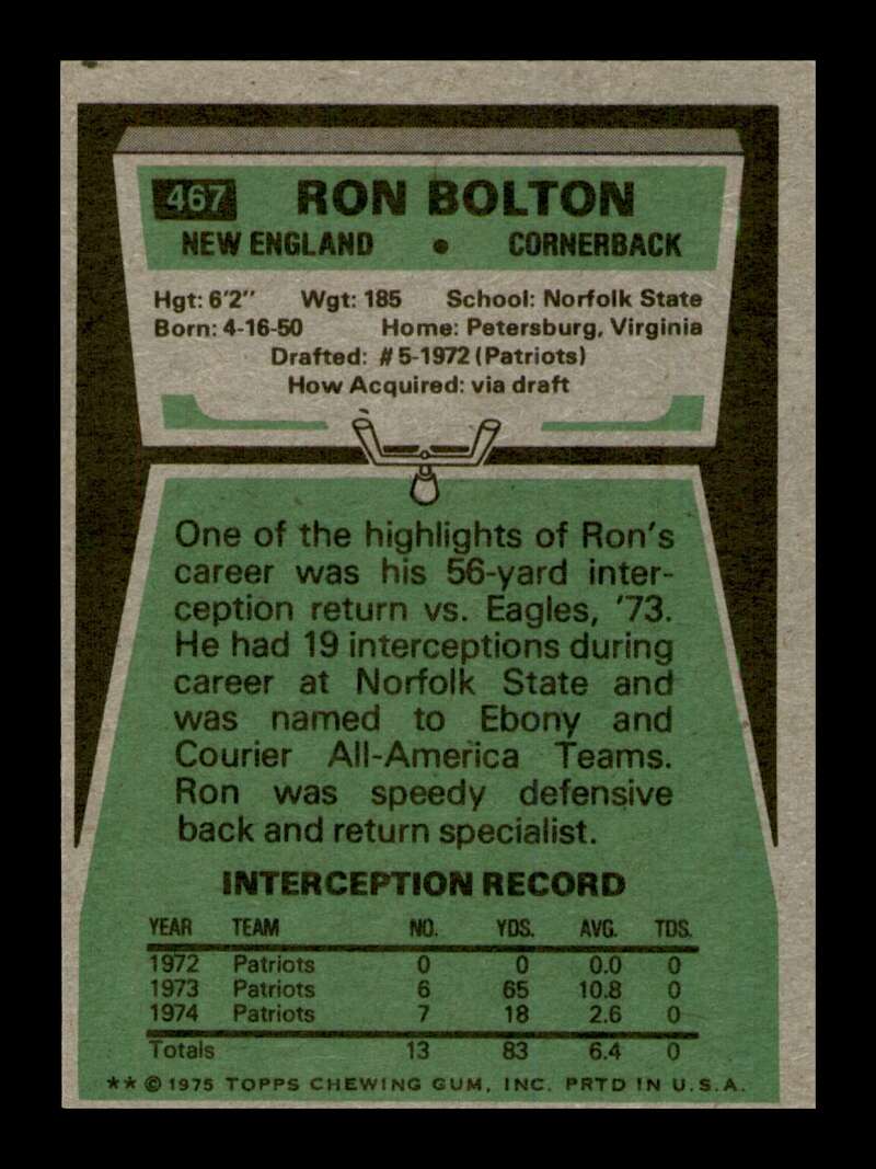 Load image into Gallery viewer, 1975 Topps Ron Bolton #467 New England Patriots Image 2
