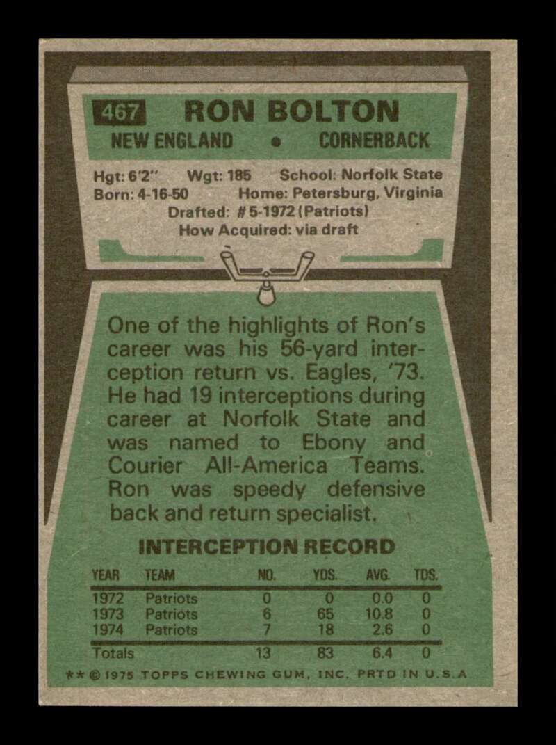 Load image into Gallery viewer, 1975 Topps Ron Bolton #467 New England Patriots Image 2
