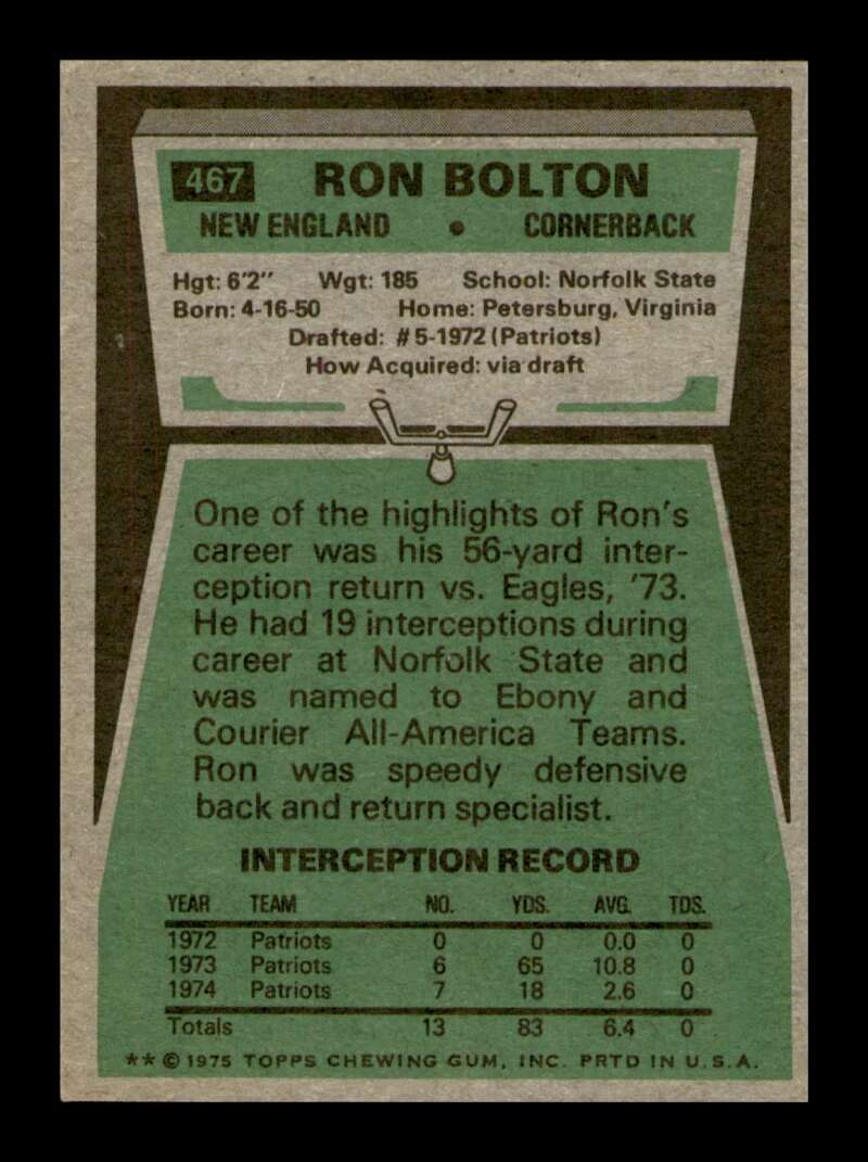 Load image into Gallery viewer, 1975 Topps Ron Bolton #467 New England Patriots Image 2
