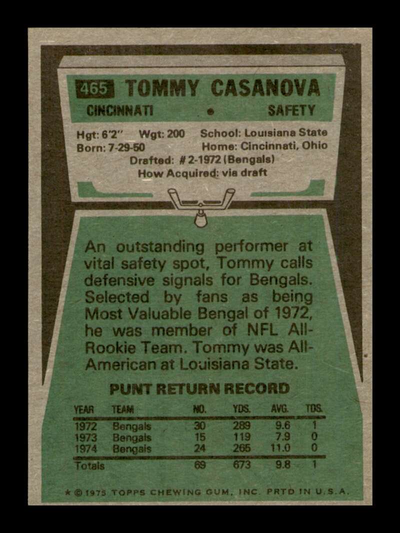 Load image into Gallery viewer, 1975 Topps Tommy Casanova #465 Cincinnati Bengals Image 2
