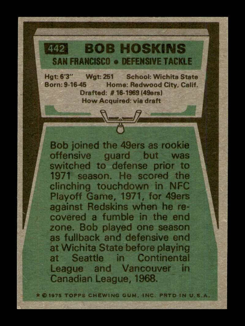 Load image into Gallery viewer, 1975 Topps Bob Hoskins #442 San Francisco 49ers Image 2
