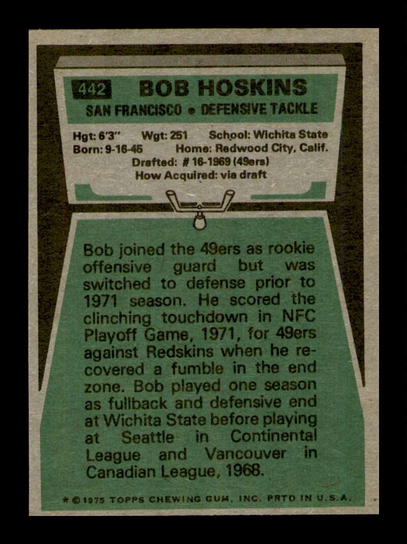 Load image into Gallery viewer, 1975 Topps Bob Hoskins #442 San Francisco 49ers Image 2
