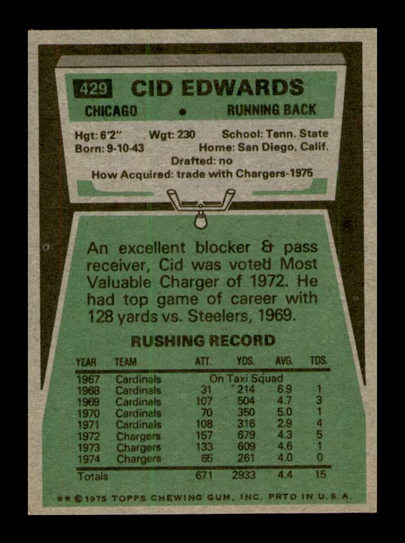 Load image into Gallery viewer, 1975 Topps Cid Edwards #429 Chicago Bears Image 2
