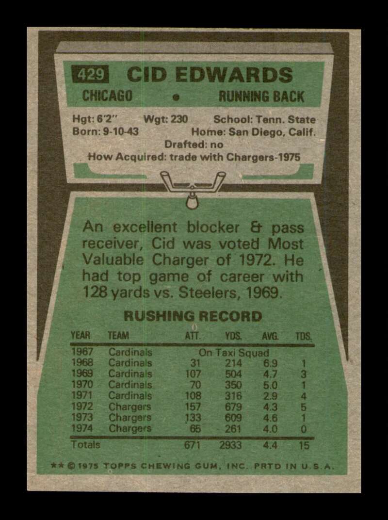 Load image into Gallery viewer, 1975 Topps Cid Edwards #429 Chicago Bears Image 2
