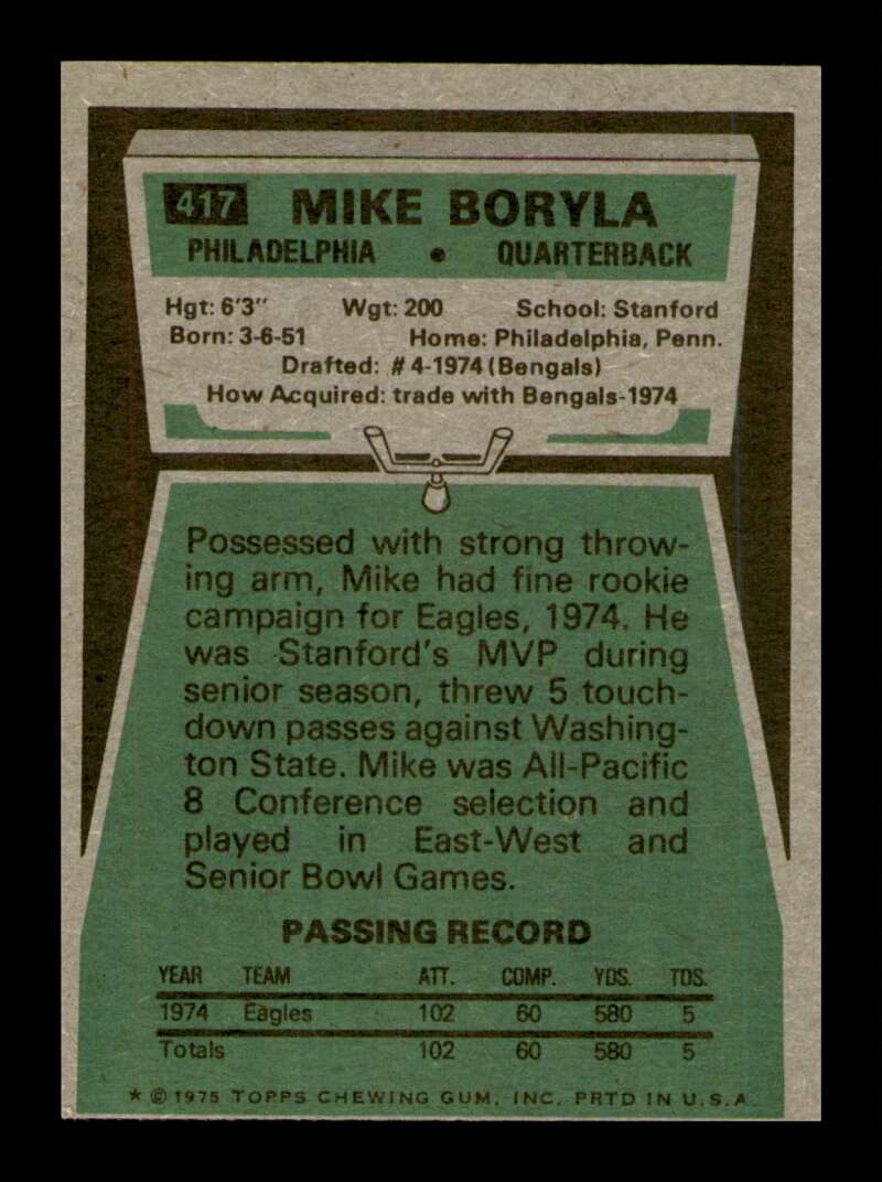 Load image into Gallery viewer, 1975 Topps Mike Boryla #417 Rookie RC Philadelphia Eagles Image 2
