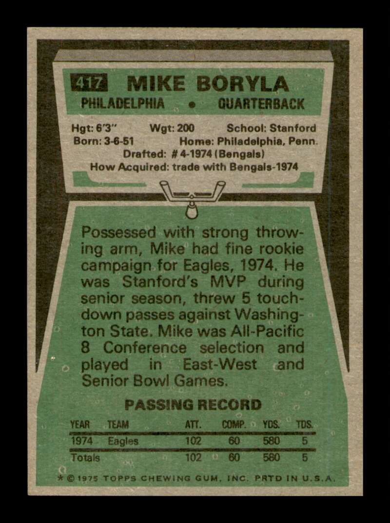 Load image into Gallery viewer, 1975 Topps Mike Boryla #417 Rookie RC Philadelphia Eagles Image 2
