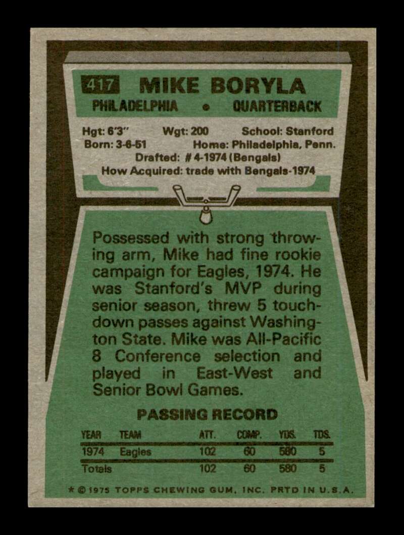 Load image into Gallery viewer, 1975 Topps Mike Boryla #417 Rookie RC Philadelphia Eagles Image 2
