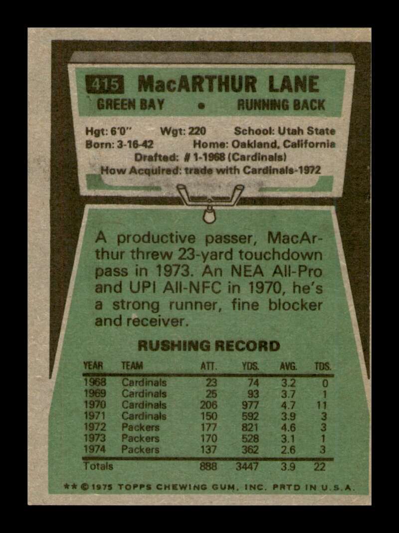 Load image into Gallery viewer, 1975 Topps Macarthur Lane #415 Green Bay Packers Image 2
