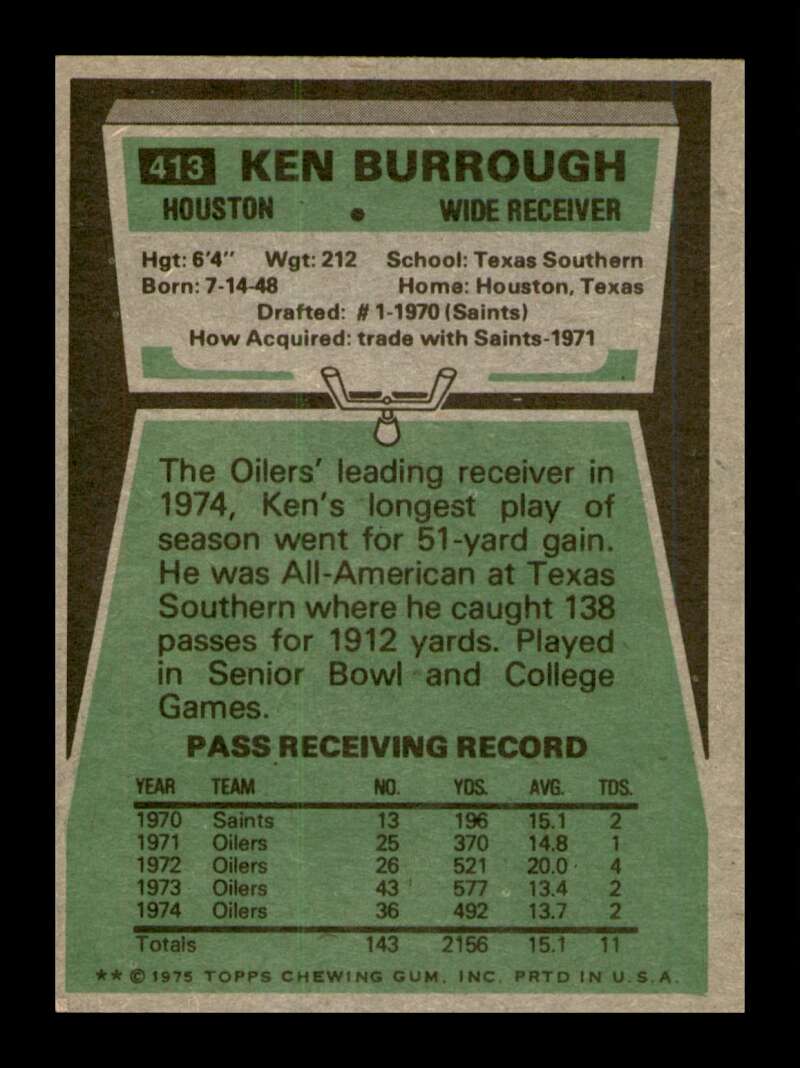 Load image into Gallery viewer, 1975 Topps Ken Burrough #413 Houston Oilers Image 2
