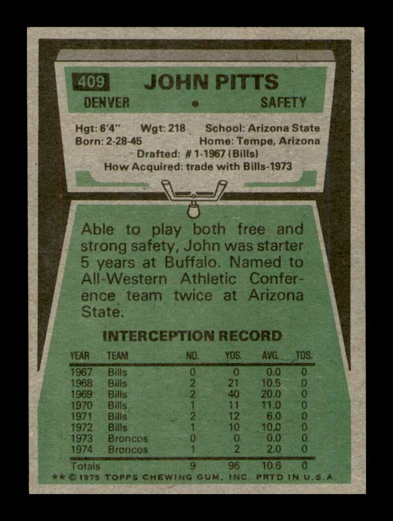 Load image into Gallery viewer, 1975 Topps John Pitts #409 Denver Broncos Image 2
