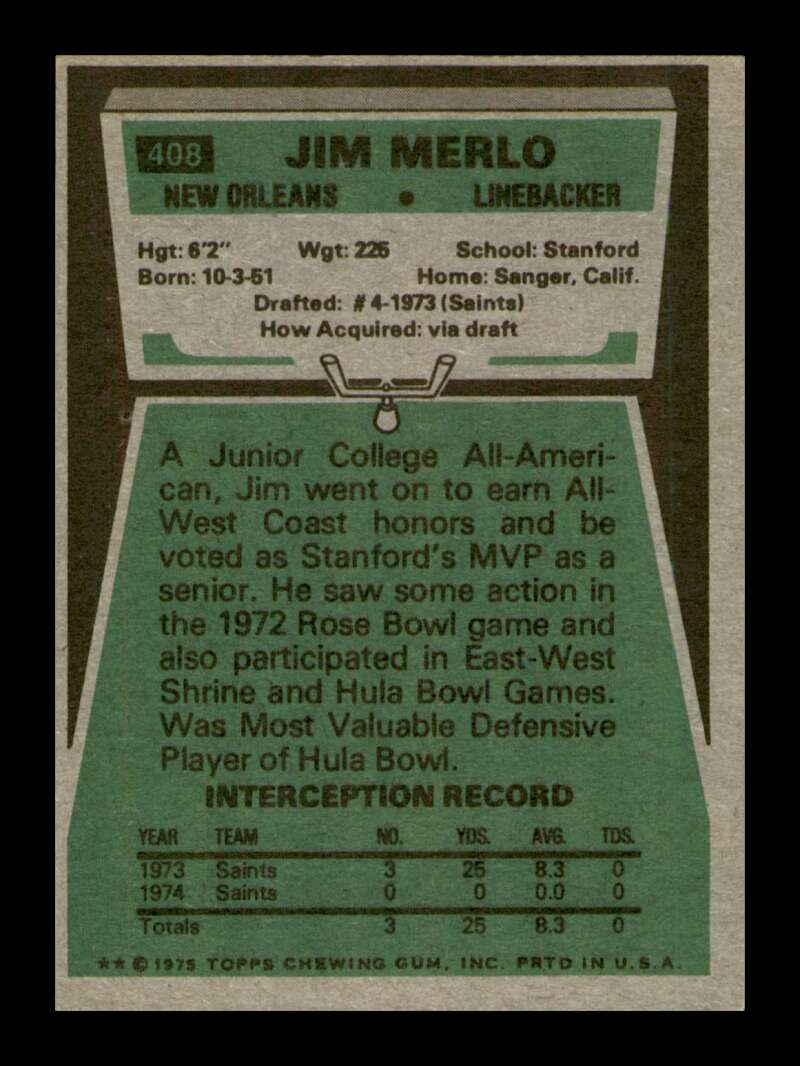 Load image into Gallery viewer, 1975 Topps Jim Merlo #408 New Orleans Saints Image 2
