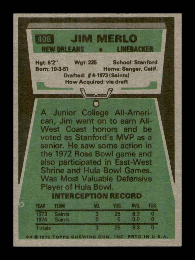 Load image into Gallery viewer, 1975 Topps Jim Merlo #408 New Orleans Saints Image 2
