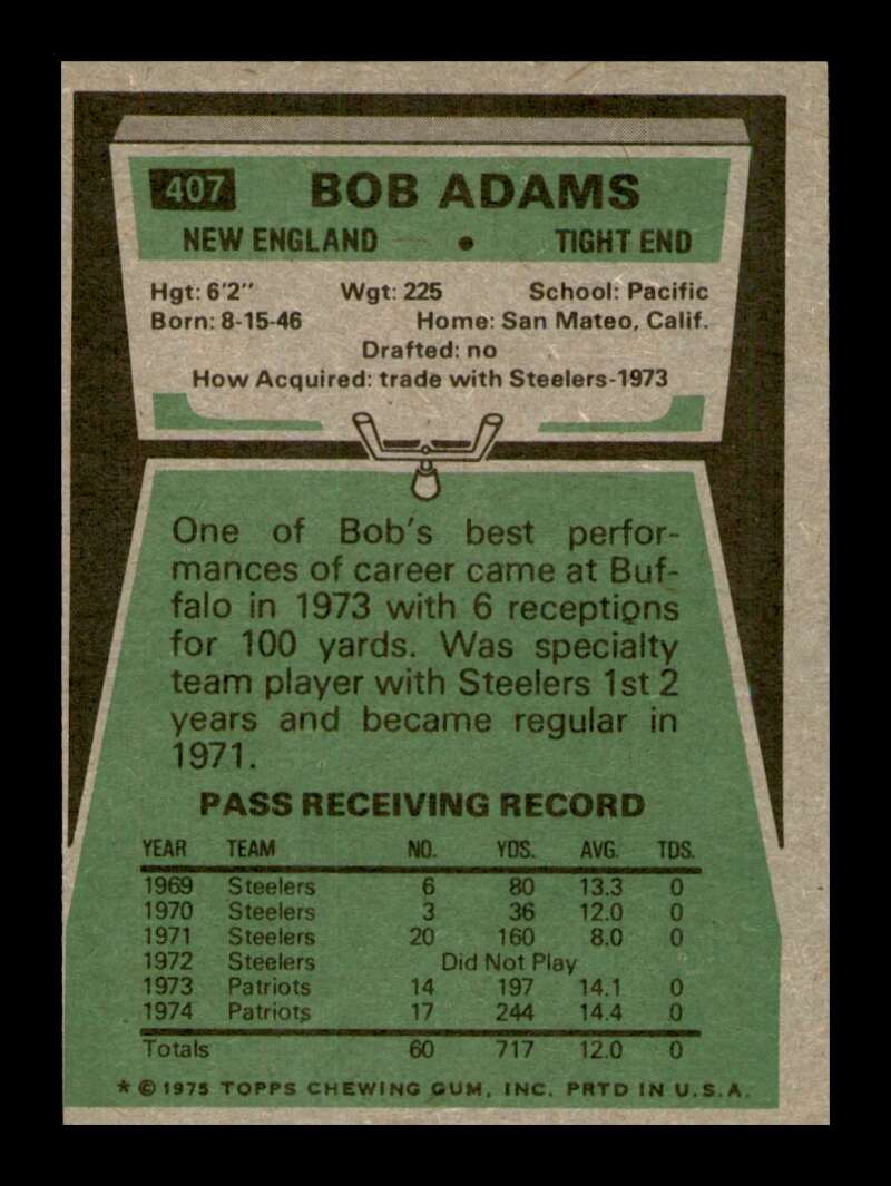 Load image into Gallery viewer, 1975 Topps Bob Adams #407 Rookie RC New England Patriots Image 2
