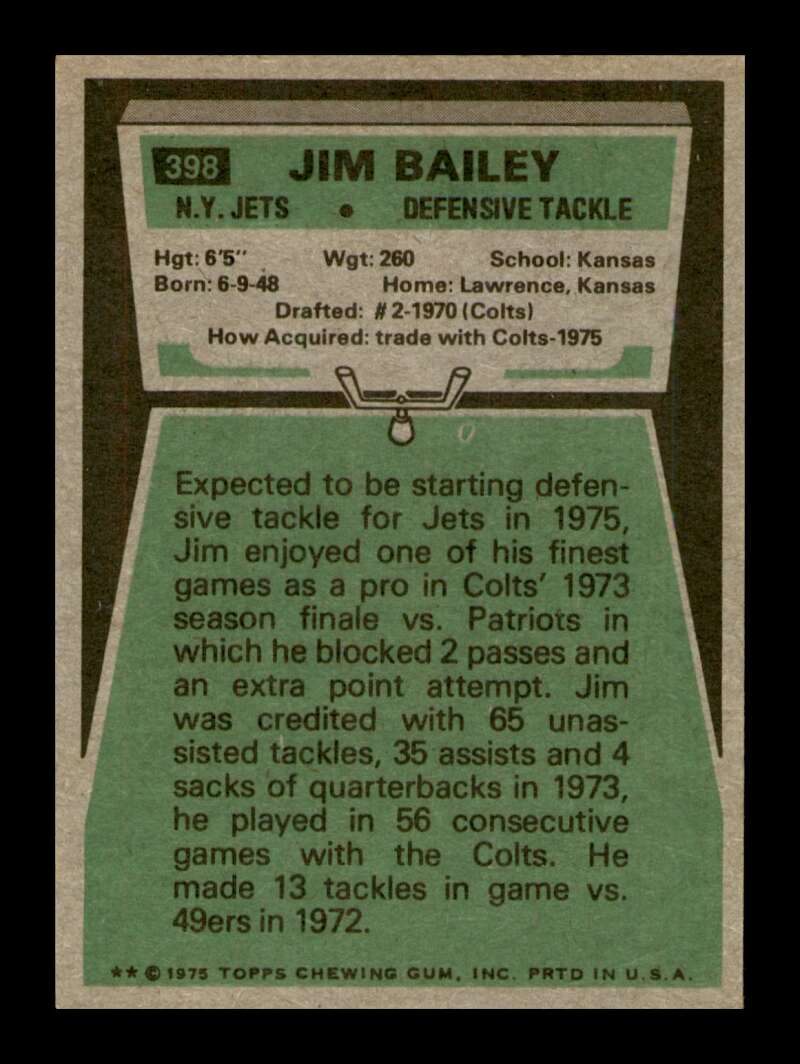 Load image into Gallery viewer, 1975 Topps Jim Bailey #398 New York Jets Image 2
