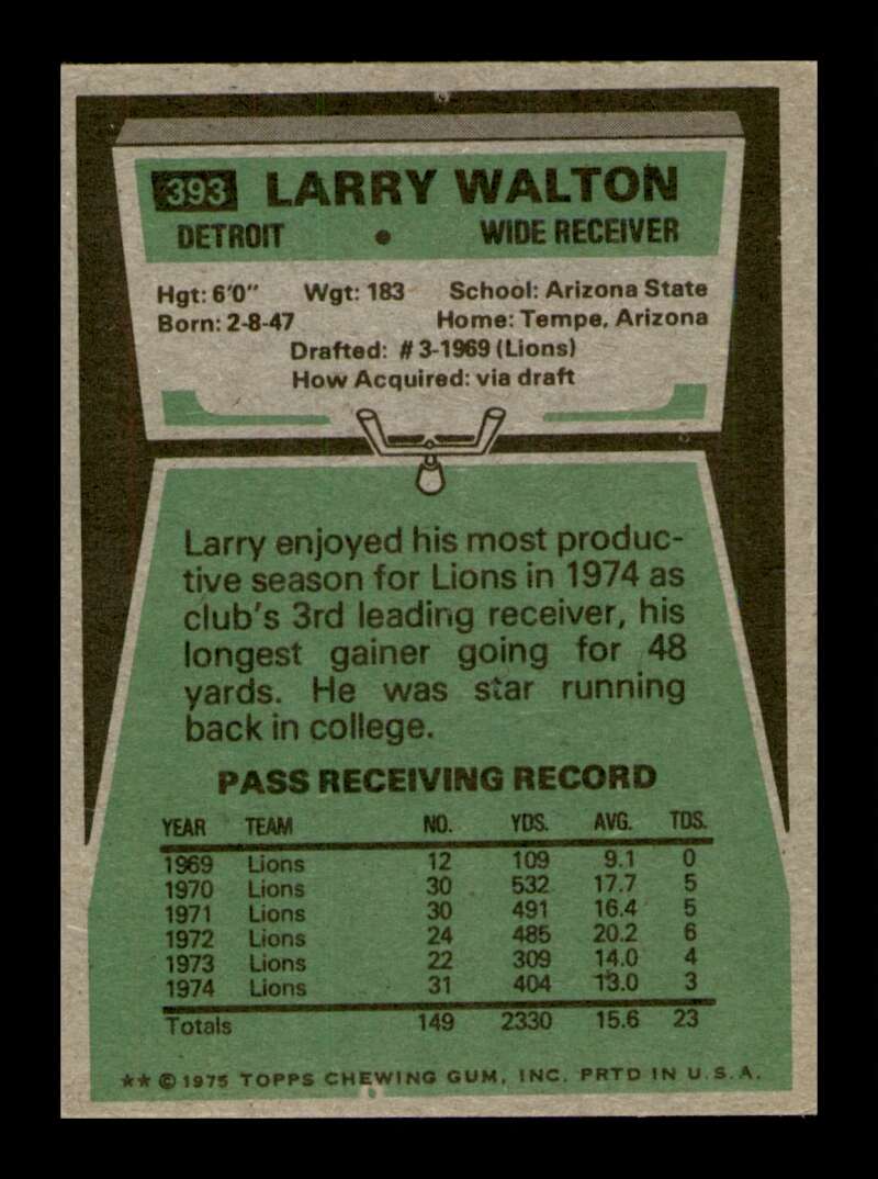 Load image into Gallery viewer, 1975 Topps Larry Walton #393 Detroit Lions Image 2
