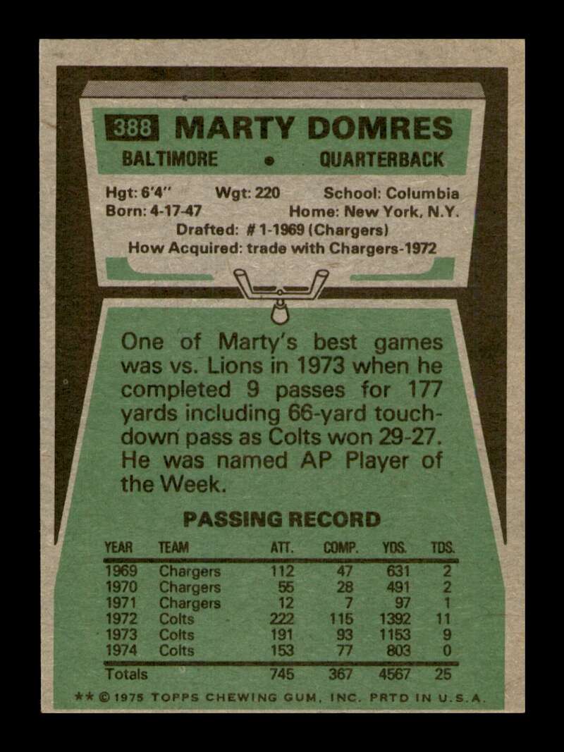 Load image into Gallery viewer, 1975 Topps Marty Domres #388 Baltimore Colts Image 2
