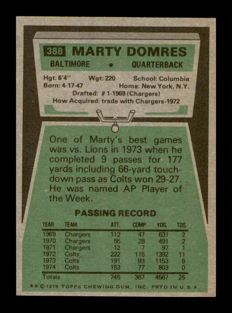 Load image into Gallery viewer, 1975 Topps Marty Domres #388 Baltimore Colts Image 2
