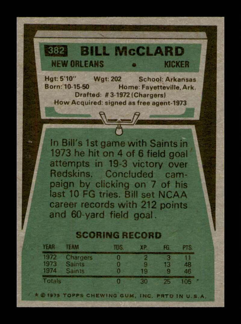 Load image into Gallery viewer, 1975 Topps Bill McClard #382 New Orleans Saints Image 2
