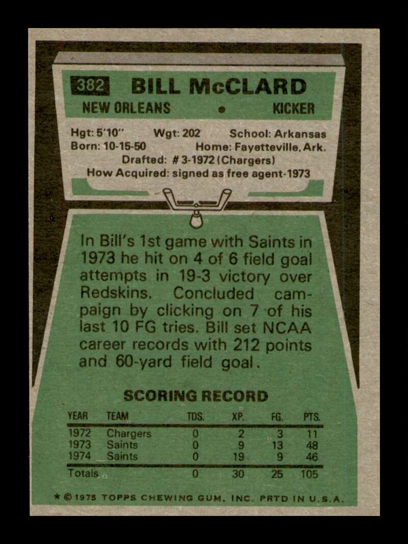 Load image into Gallery viewer, 1975 Topps Bill McClard #382 New Orleans Saints Image 2
