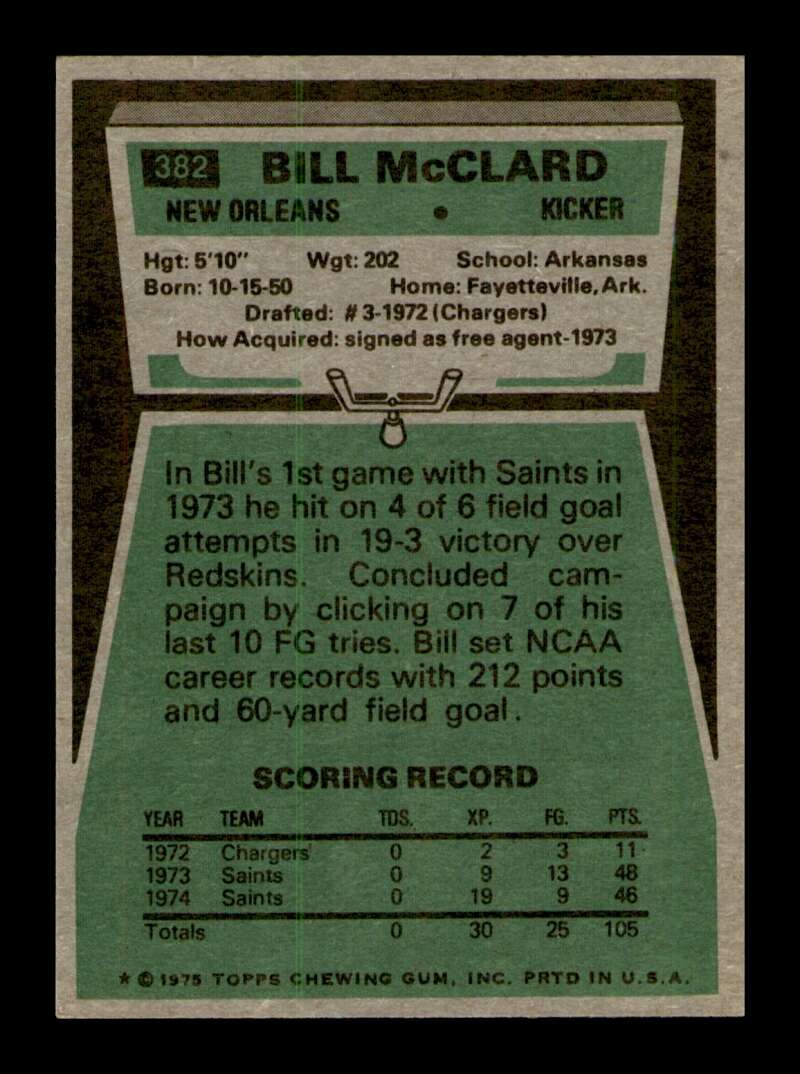 Load image into Gallery viewer, 1975 Topps Bill McClard #382 New Orleans Saints Image 2
