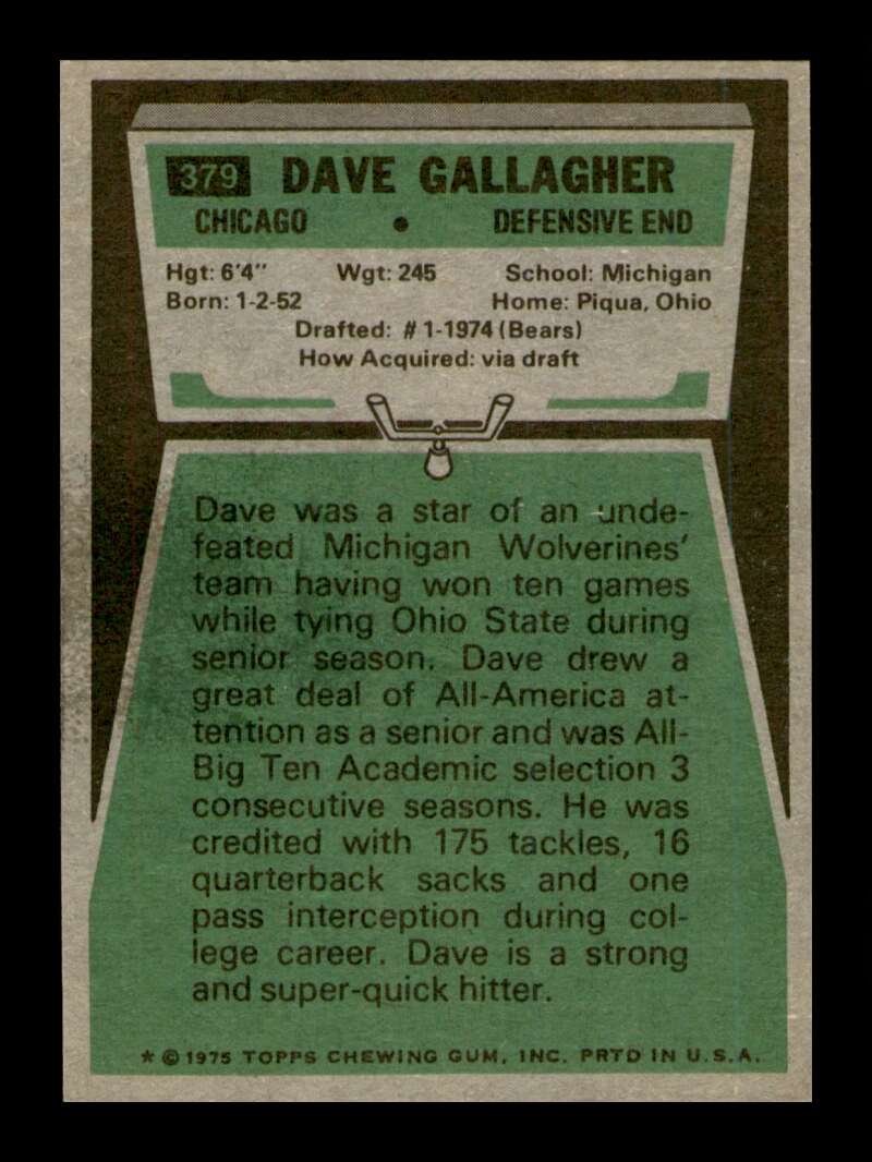 Load image into Gallery viewer, 1975 Topps Dave Gallagher #379 Chicago Bears Image 2
