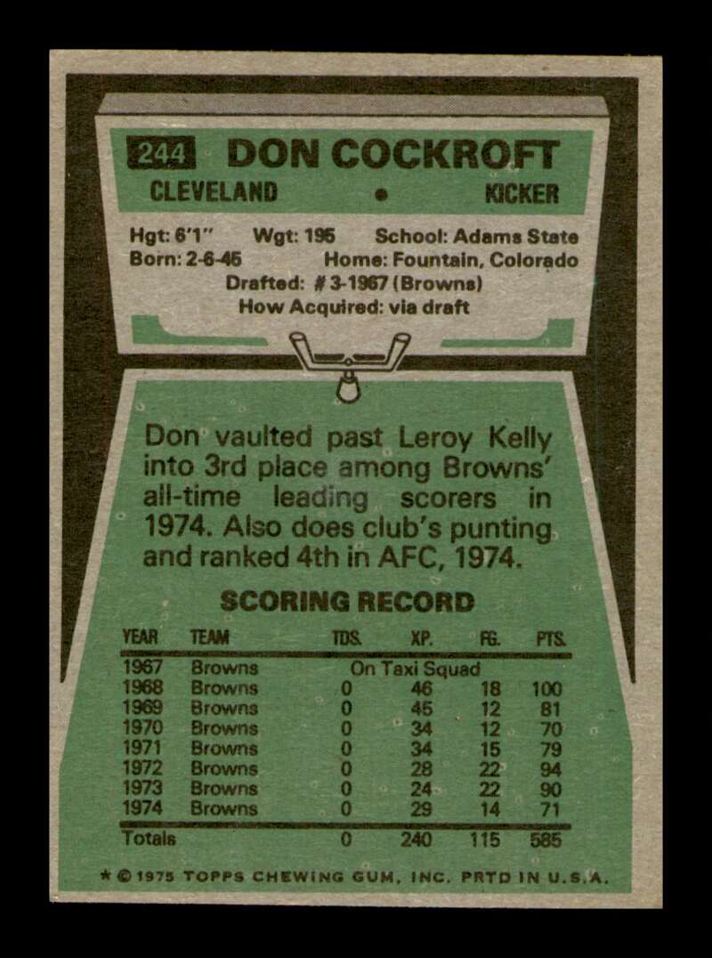 Load image into Gallery viewer, 1975 Topps Don Cockroft #244 Cleveland Browns Image 2
