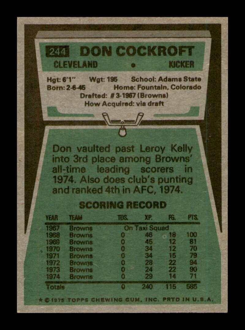 Load image into Gallery viewer, 1975 Topps Don Cockroft #244 Cleveland Browns Image 2
