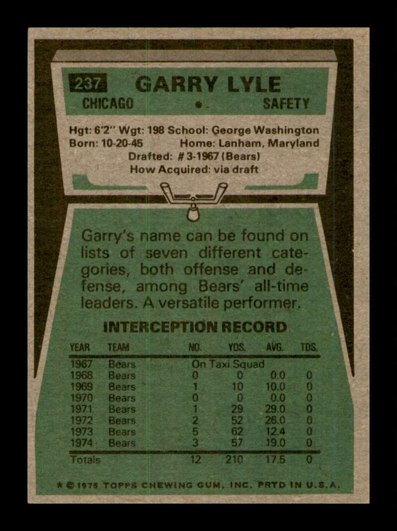 Load image into Gallery viewer, 1975 Topps Garry Lyle #237 Chicago Bears Image 2
